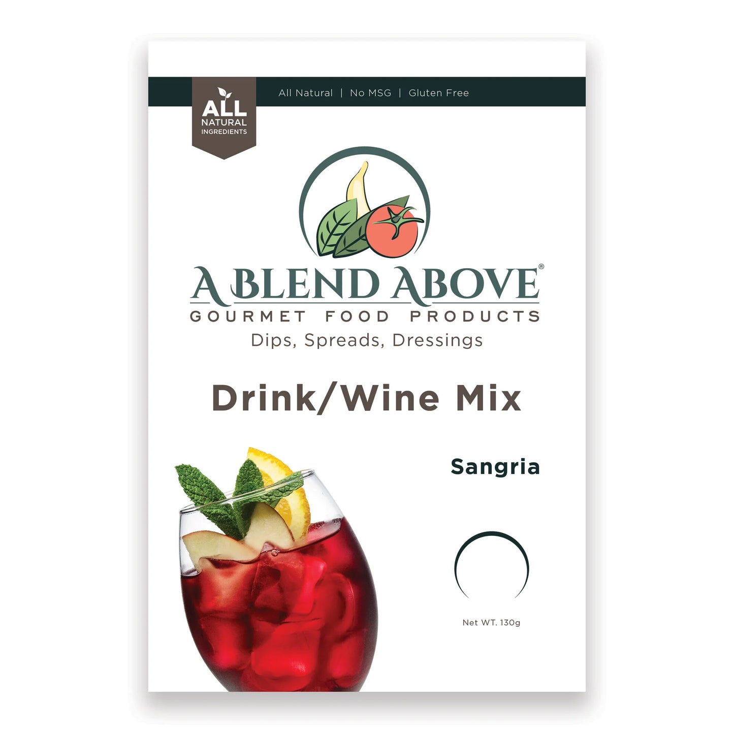 Front of an "A Blend Above Drink/Wine Mix" Sangria packet; all natural, gluten free, no MSG. Size not specified.