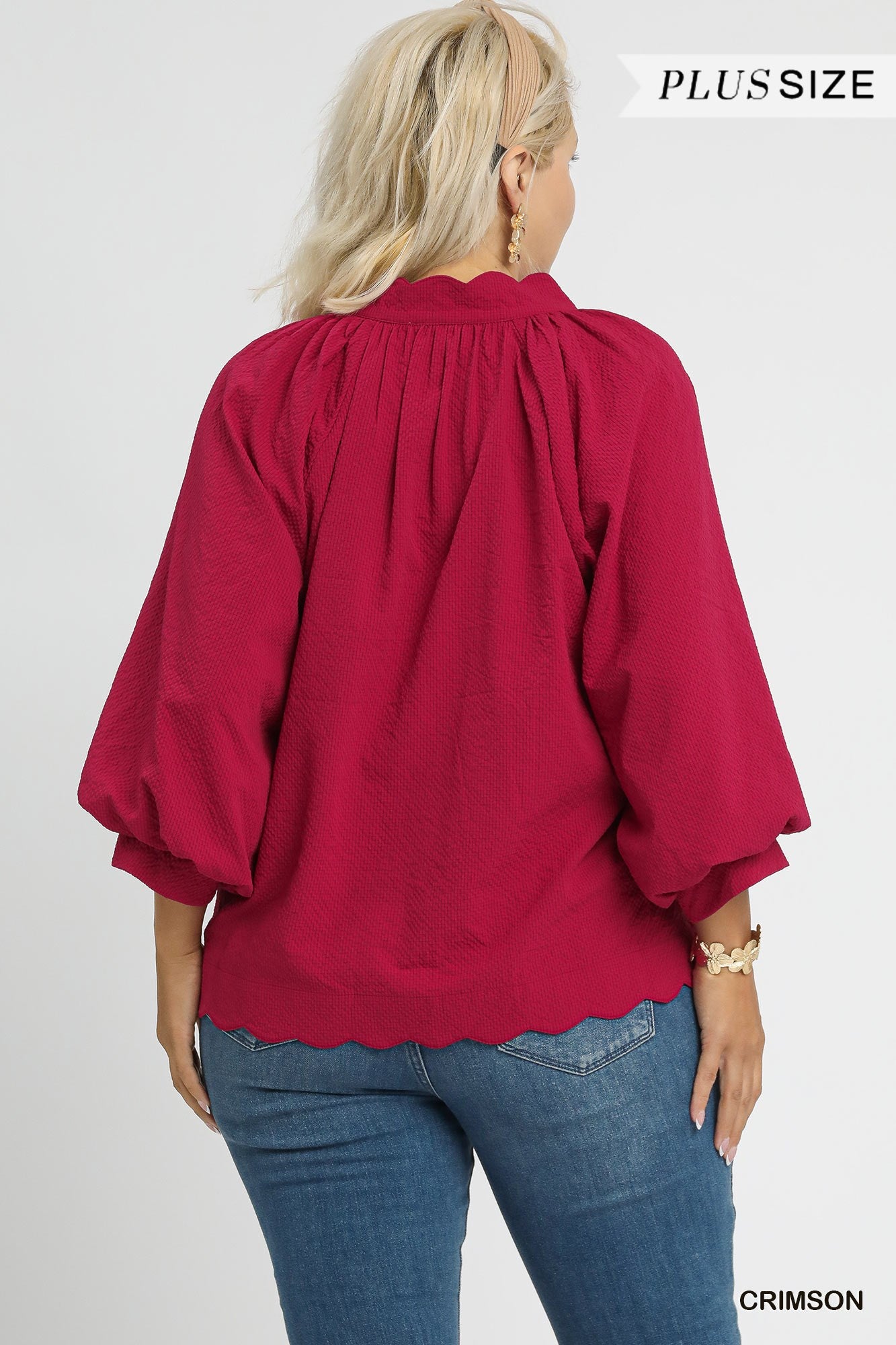 Crimson Scallop Hem Balloon Sleeve Top with 3/4 sleeves, available in plus sizes.