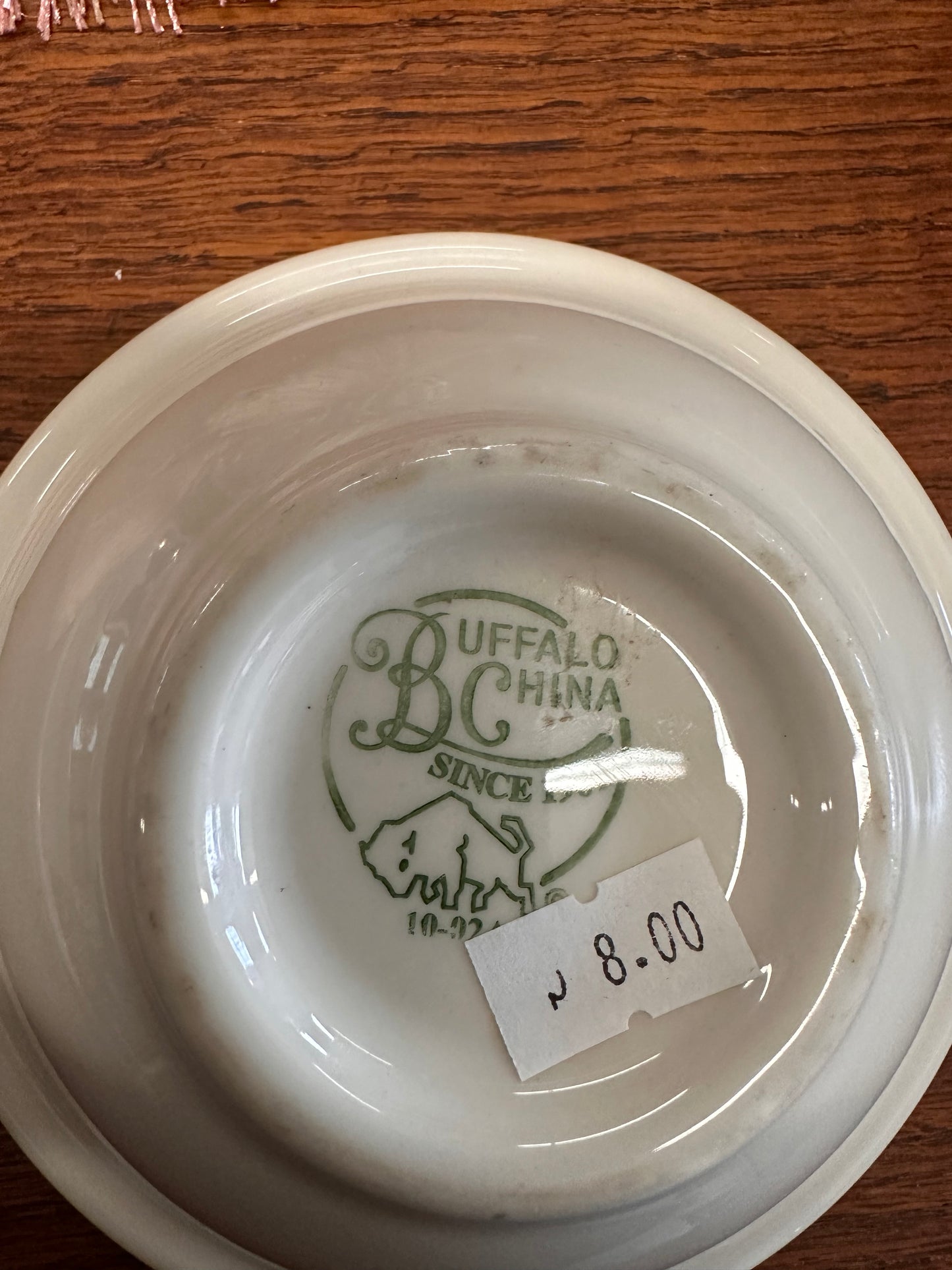 Buffalo China Bowl with green "Buffalo China 1901" logo, buffalo illustration, and $8.00 price sticker. Sizes not specified.