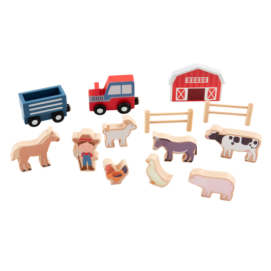 Wood Farm Toy Set: red barn, blue trailer, red tractor, fences, wooden animals, farmer. Sizes available: small, medium, large.