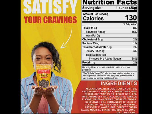 Chocolate Amaretto Cherries, 3.5oz bag. Text: “SATISFY YOUR CRAVINGS.” Nutrition facts and ingredients shown.