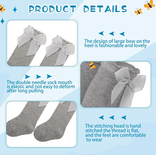 Baby Knee High Socks with large gray bows, elastic cuff, hand-stitched toe. Available in sizes 0-12M, 12-24M.