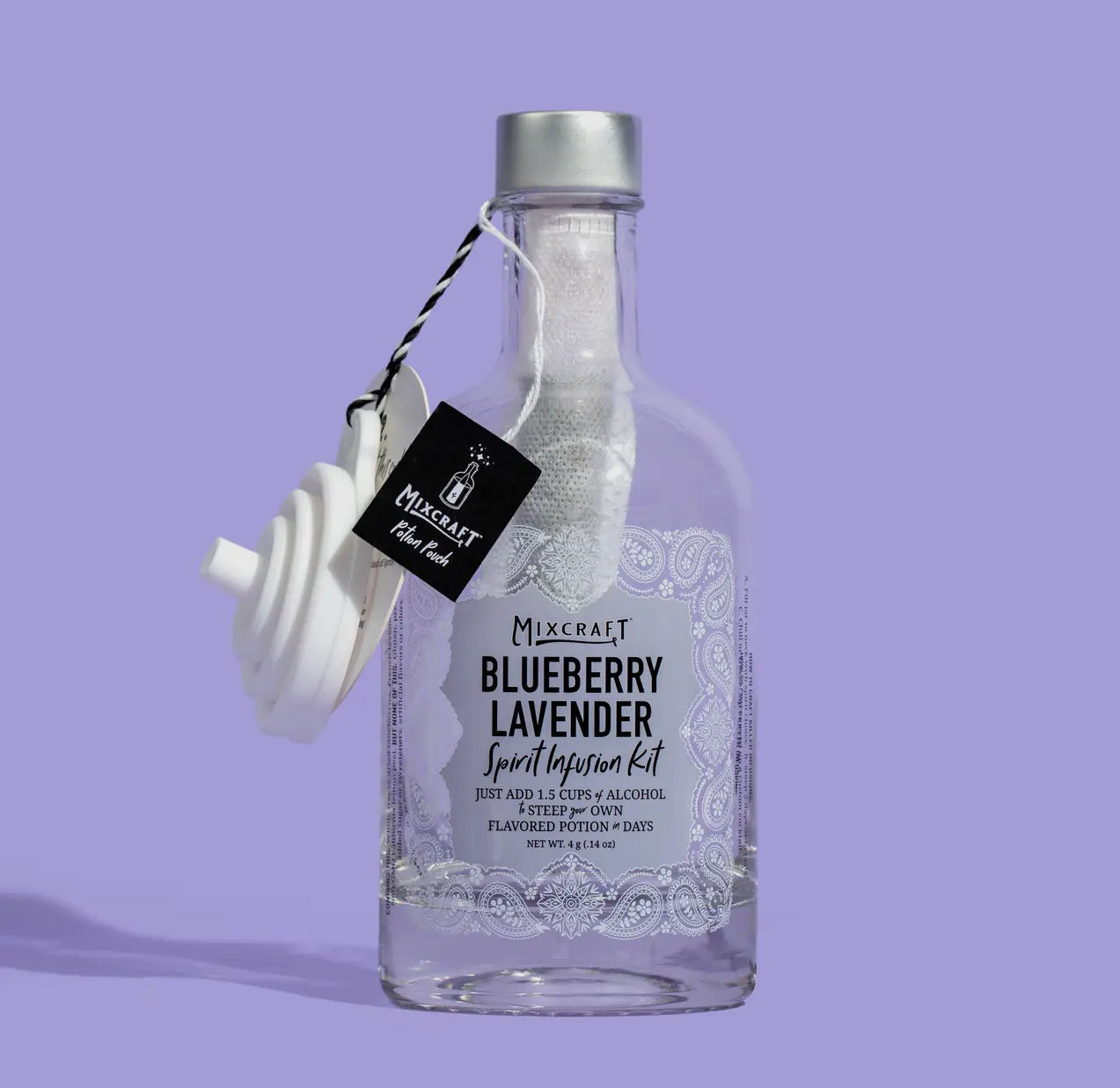Clear glass Spirit InFusion Kit bottle with white spiral pour spout and black tag; available in 16oz and 32oz sizes.