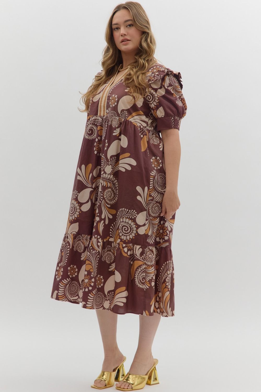 Betty Floral Dress: loose-fit, burgundy, midi length, puff sleeves, floral print. Available in XS-XL.