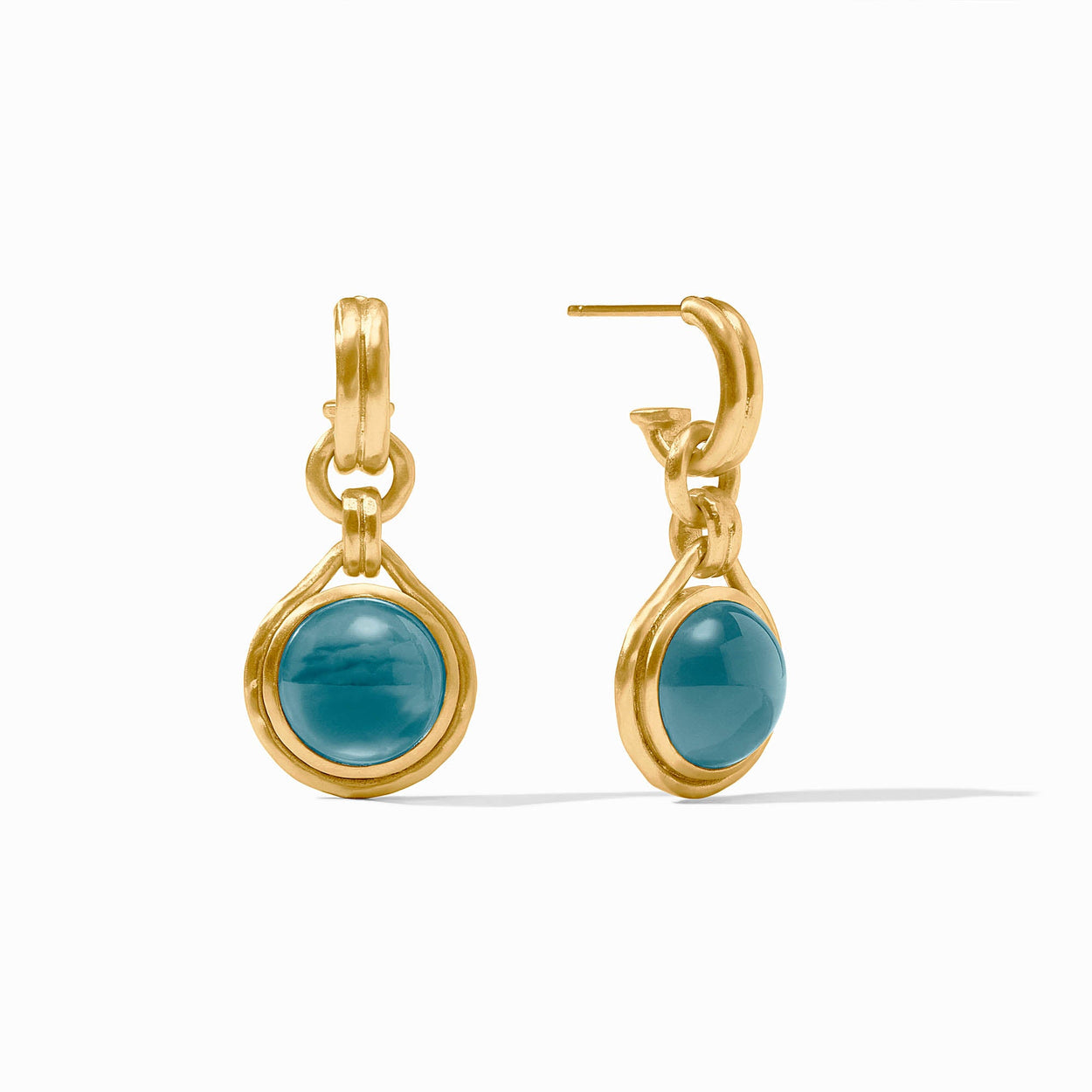 Gold-plated Solara Hoop & Charm Earrings with round blue gemstones in gold settings. Available in small and medium sizes.