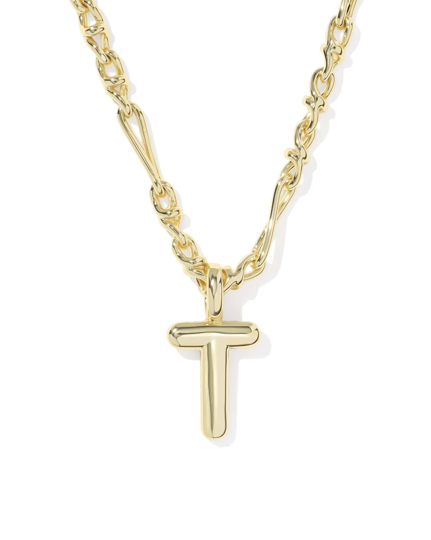 Bubble Letter Necklace by Kendra Scott with a shiny "T" bubble letter pendant on a textured, twisted link chain; available in multiple sizes.
