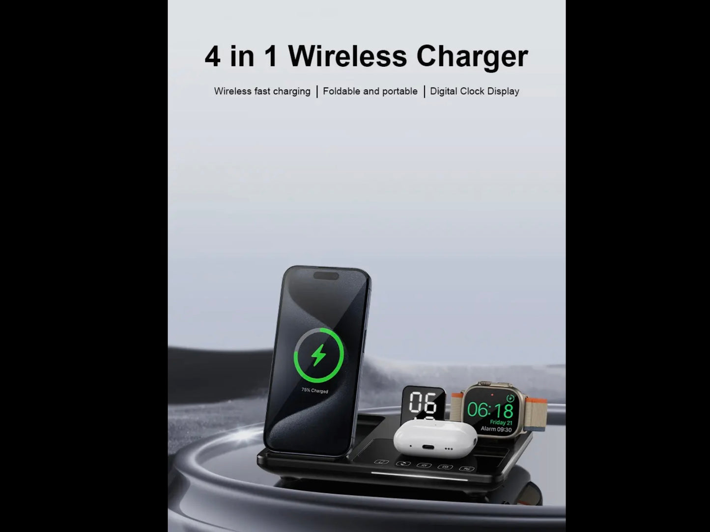 4-In-1 Wireless Charger with clock, fast charging, foldable design. Compact, portable. Sizes: Small, Medium, Large.