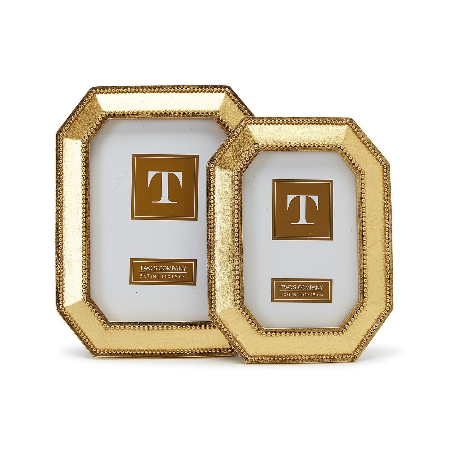 Beads of Gold Photo Frames: classic octagonal shape, beaded detail, gold "T" insert. Available in two sizes.