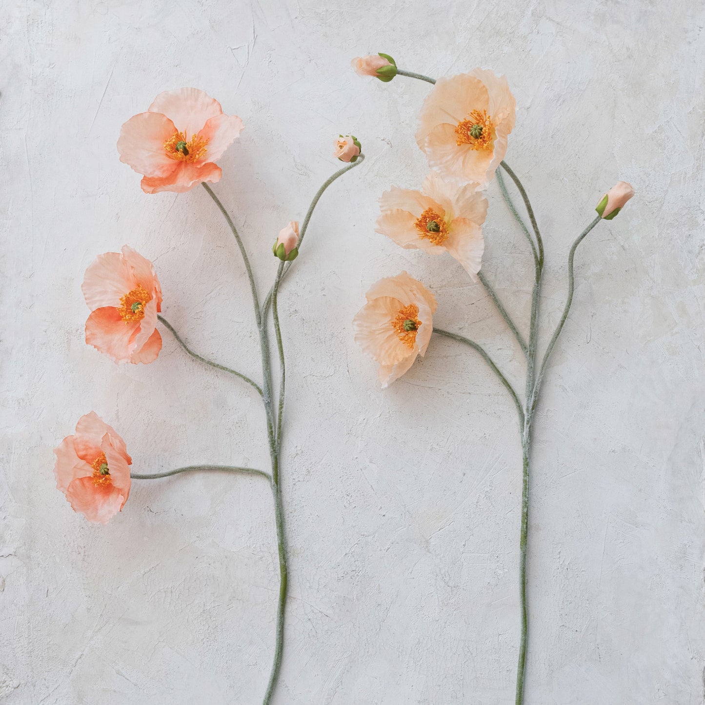 Set of 3 peach and 4 pale peach Faux PoppyFlower Picks with buds. Available sizes: small, medium, large.