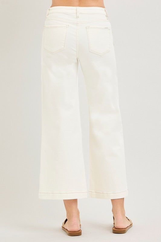Risen MR Crop Wide Flower Detail Pants in white, high-waisted, wide-leg. Available in sizes S–XL.