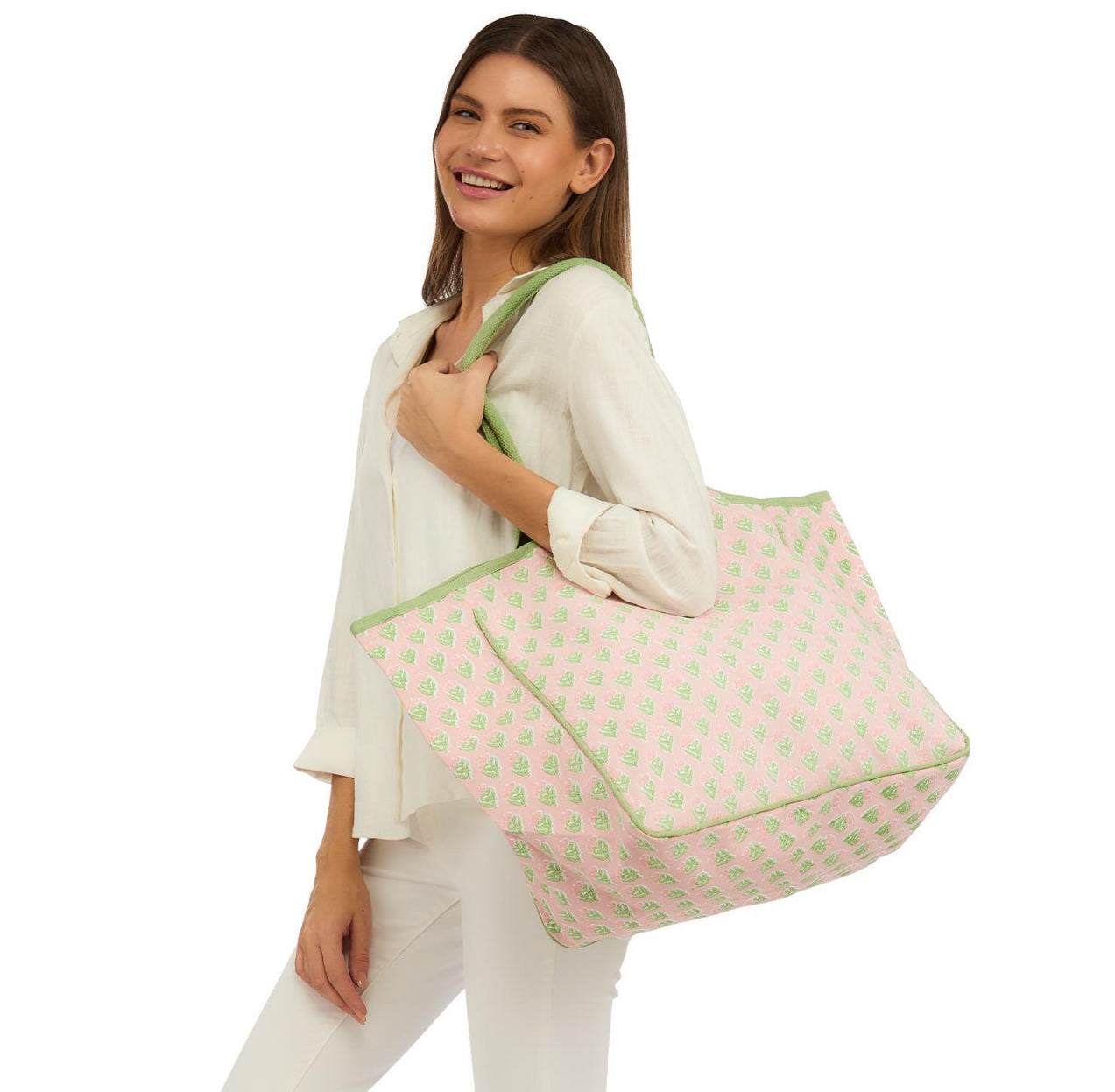 Floral Block Print Tote Bag with pink and green patterns. Available in small, medium, and large sizes.