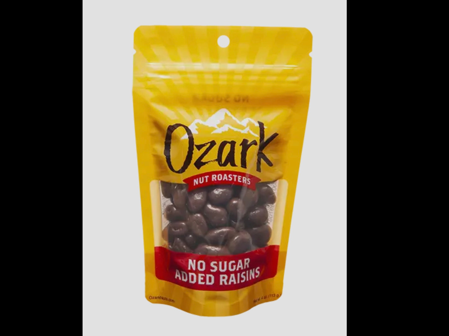 3.5oz yellow "Ozark Nut Roasters" bag, No Sugar Added Raisins in milk chocolate, clear window shows contents.
