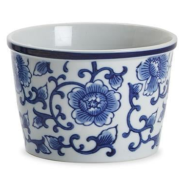 Blue floral and vine patterned porcelain-style deli container holder with flared rim, 3 designs, available in multiple sizes.