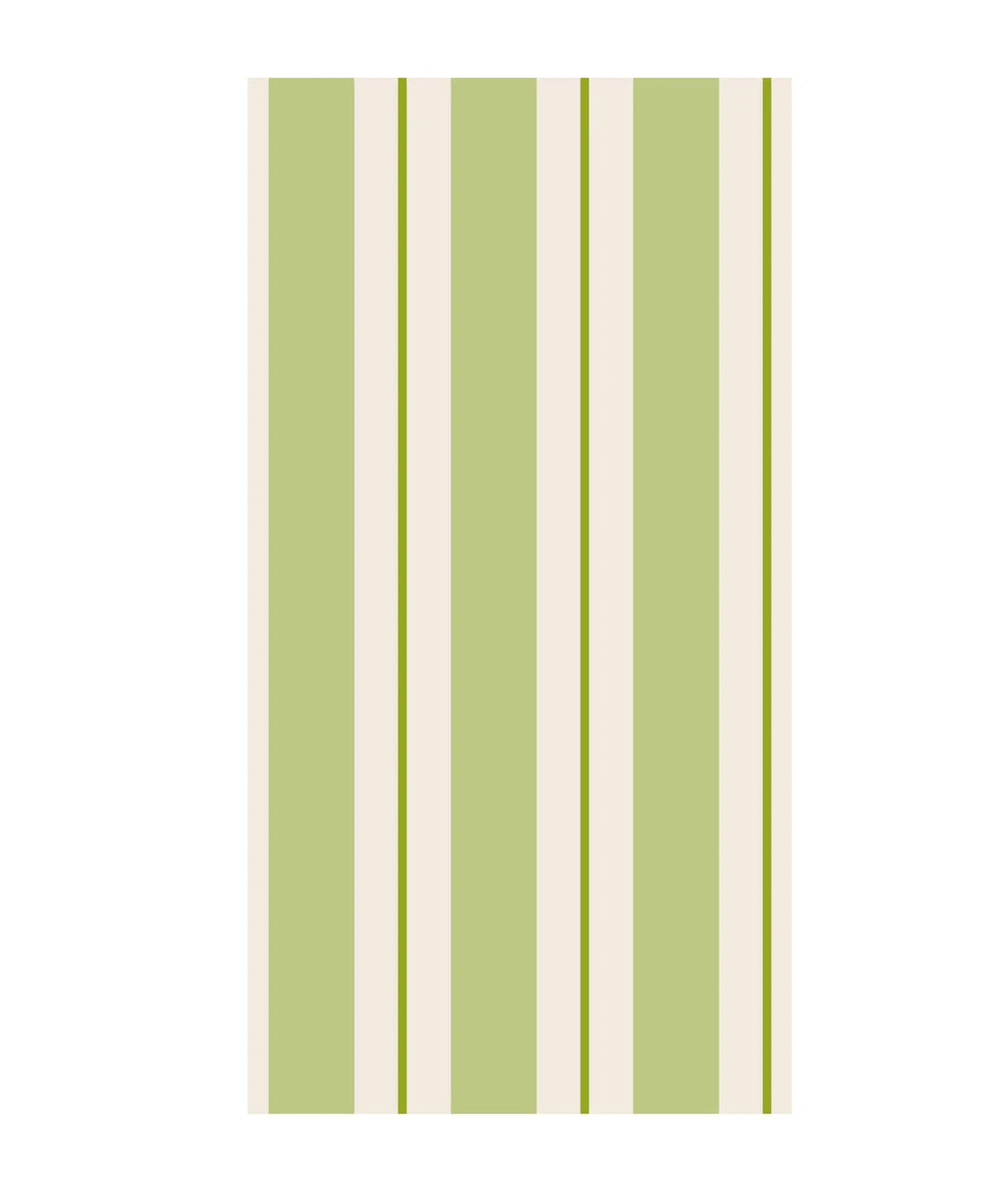Pack of 16 rectangular guest napkins, vertical light green, olive, beige stripes on white. Size: guest napkin.