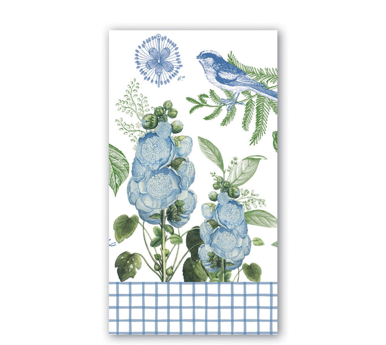 Cotton & Linen Napkin with backyard birds design, blue flowers, and green leaves. Features a bluebird on a branch and blue & white checkered pattern at the bottom. Sizes available: 16"x16", 18"x18".