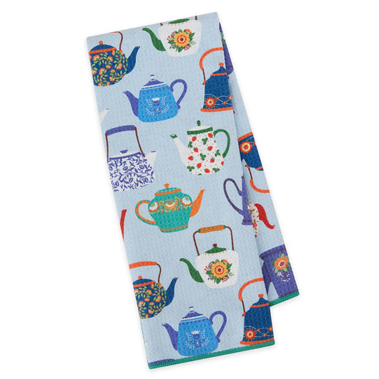 Light blue microfiber dishtowel with teapots, floral, and strawberry motifs. Size: 18"x28".