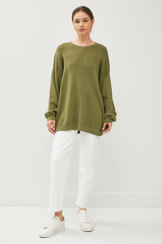 The Augusta Sweater in olive green, relaxed fit. Available in sizes XS–XL.