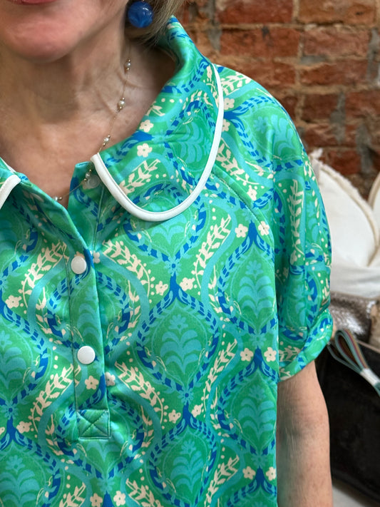 Emerald Bay Top: retro collar, green and blue geometric print, white trim/buttons. Sizes XS-XL available.