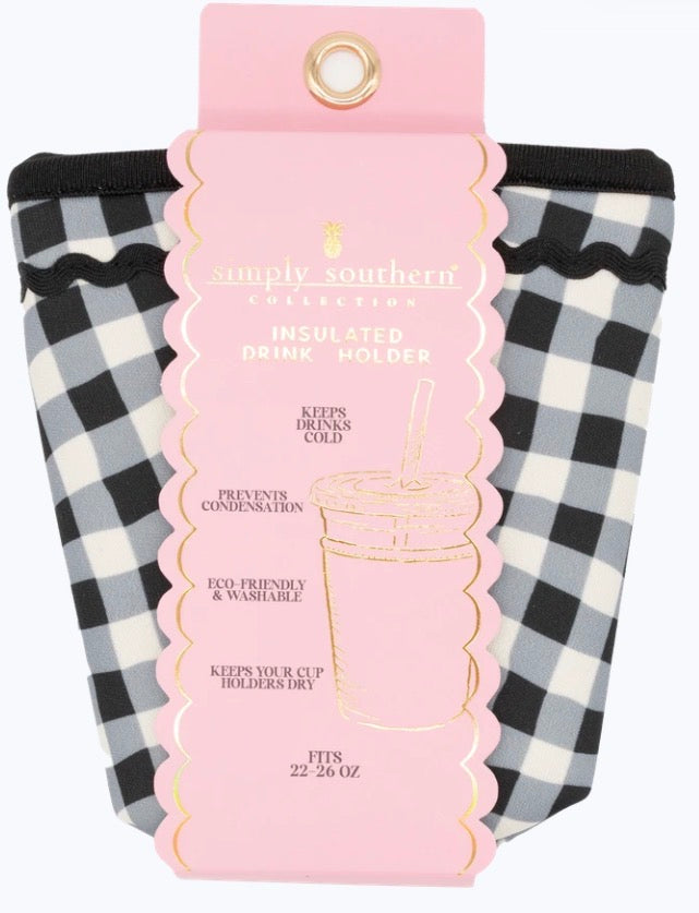 Black and white gingham insulated drink holder in pink packaging; fits 22–26 oz cups, eco-friendly and washable.