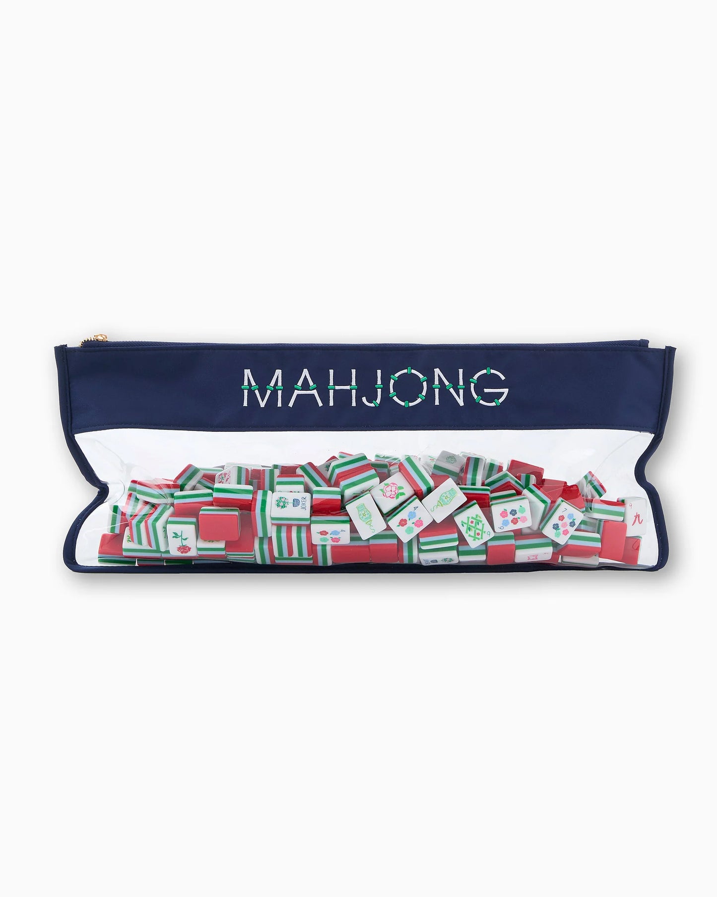 Clear zippered bag with navy blue top labeled "MAHJONG" holds vibrant Nantucket Mahjong Tiles. Sizes available: not specified.