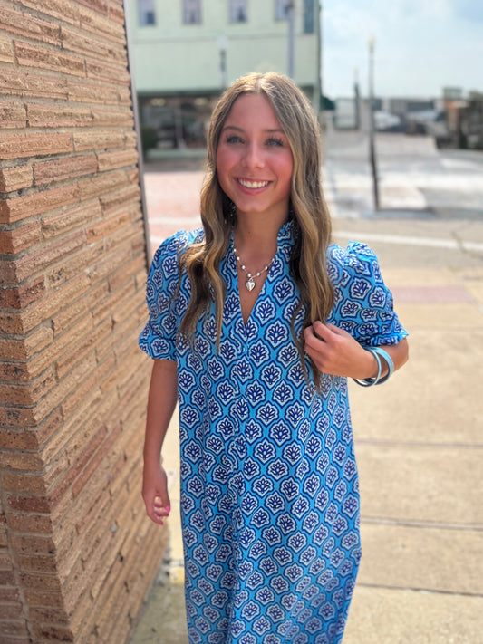 Bright Blue Printed Button Down Midi Dress shown; available in sizes XS–XL.
