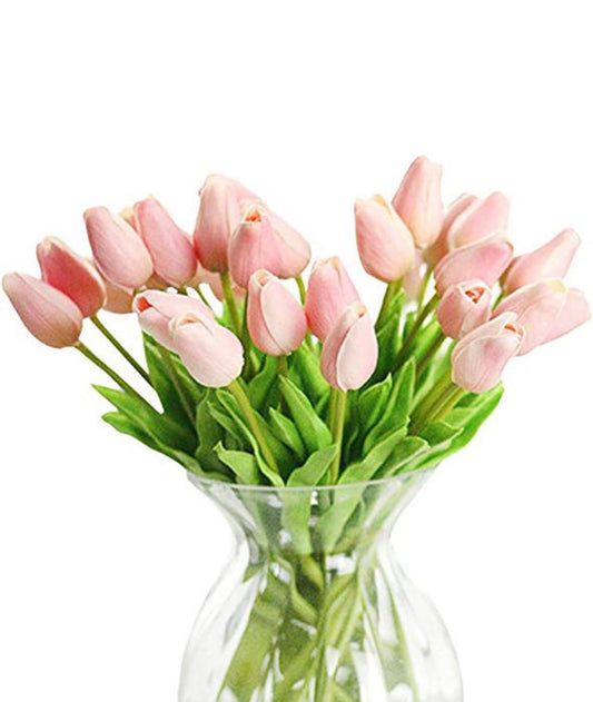 Light pink PU tulip bundles with green leaves in a clear glass vase. Available in 3, 6, and 12-stem sizes.