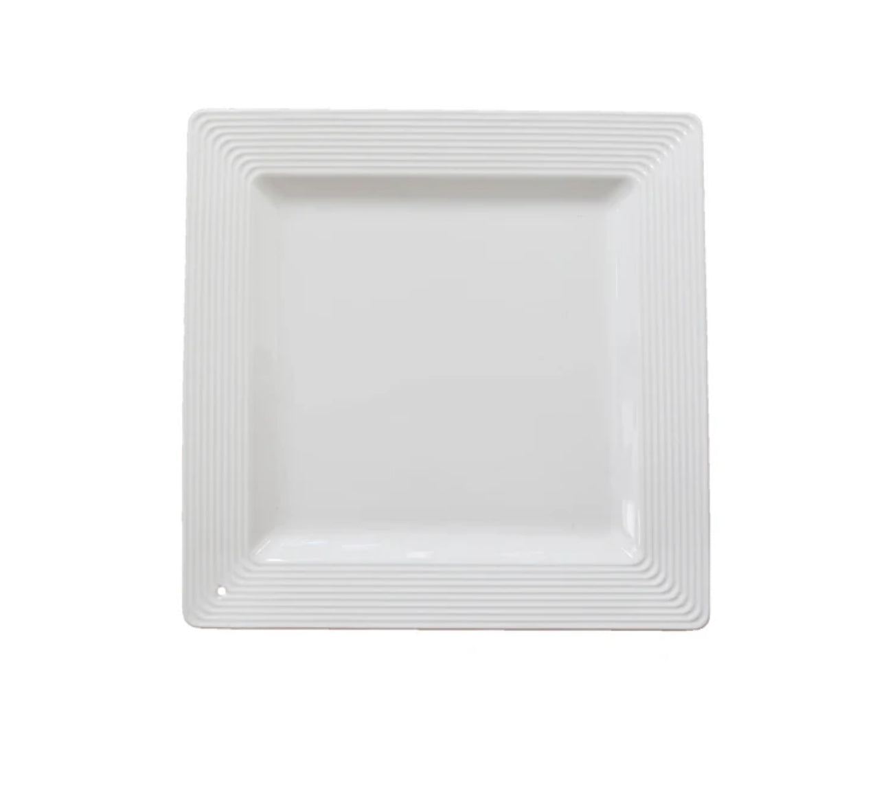 The Square Platter - Pinstripes: White ceramic plate with raised, textured edge and subtle pinstripe rim. Dishwasher and microwave safe. Available in 12", 15", and 18" sizes.