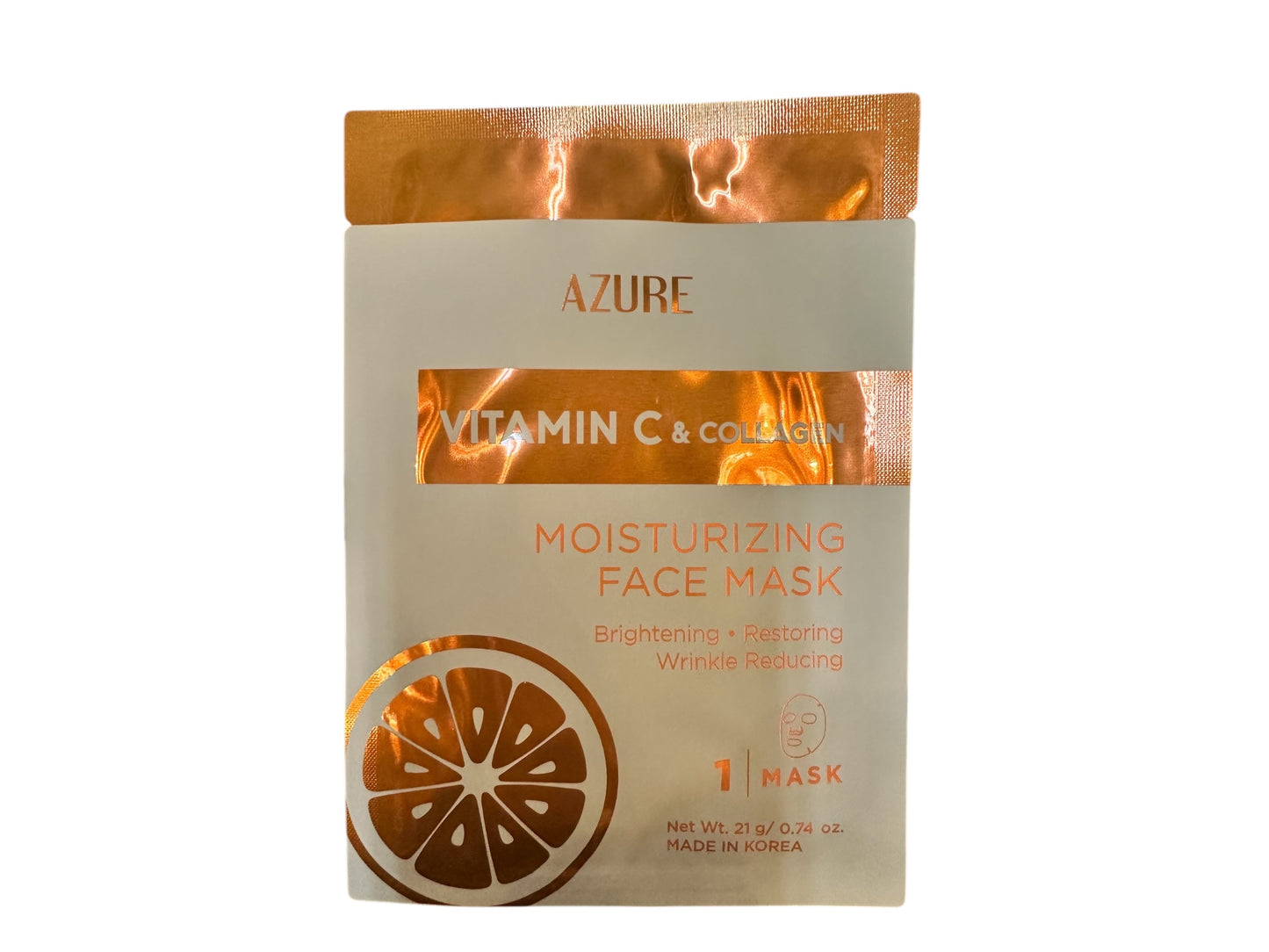 Face Mask package in orange and gold with orange slice graphic; text highlights Vitamin C & Collagen. Sizes: not specified.