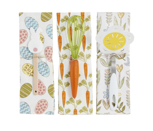 Spring Towel Set: three 26"x16.5" towels with Easter egg, carrot, and floral prints featuring themed utensils.