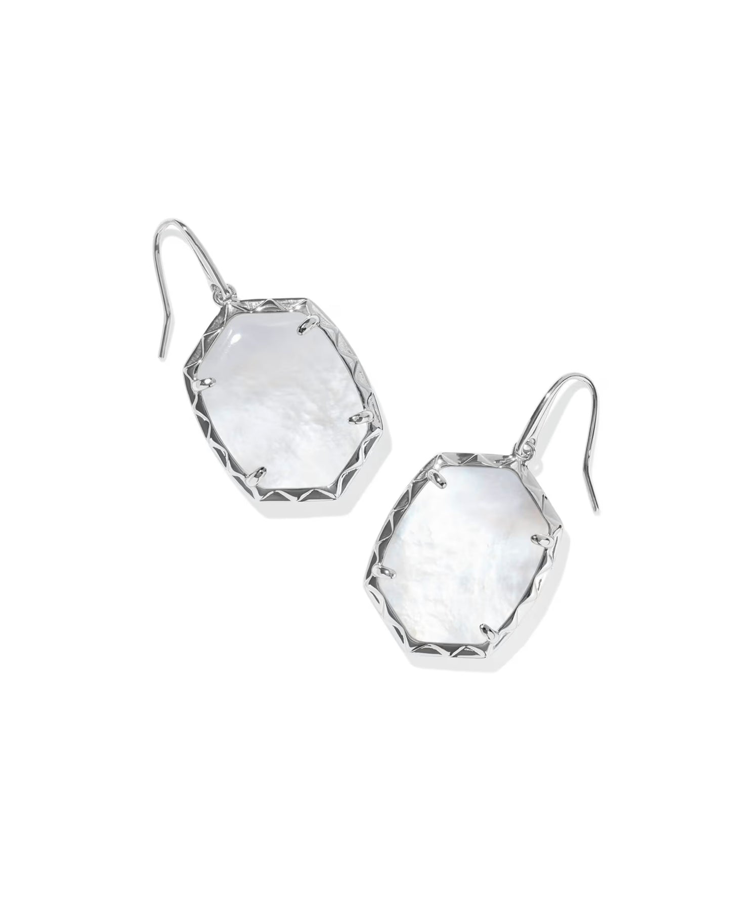 Large octagonal white stones in silver frames with hook backings; available in one size.