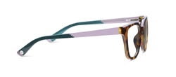 Le Fun Club Tortoise/Pink blue light glasses: tortoiseshell frames, pink temples, green tips, UV400. Sizes: S/M/L.
