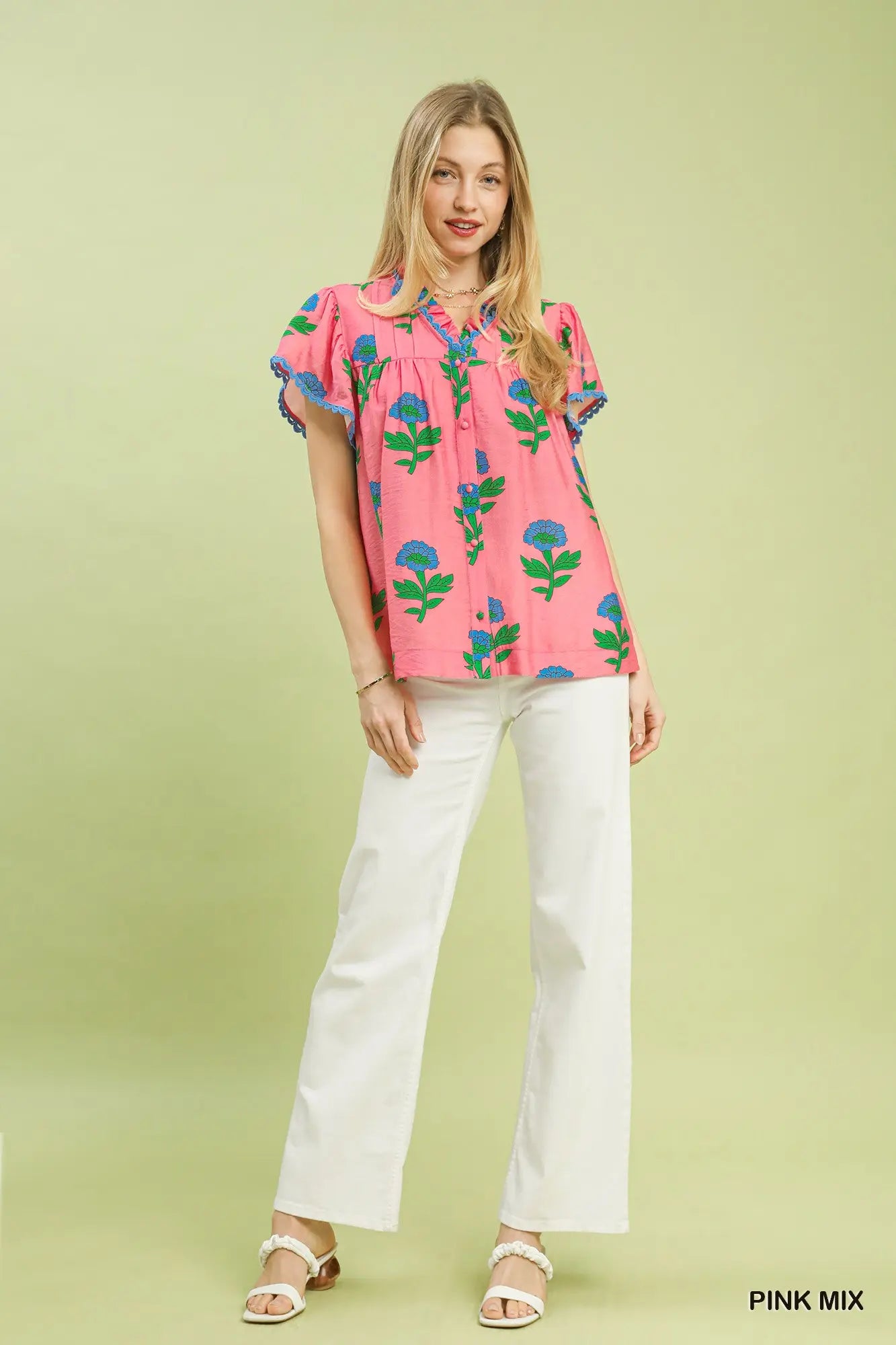 Floral Button Front Ruffle Sleeve Top in pink mix with blue and green floral patterns, available in sizes XS–XL.