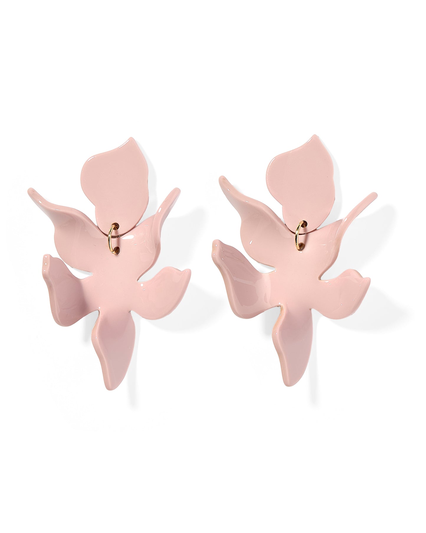 Pink floral statement earrings with gold hoops and five petals each. Hypoallergenic. Available in small, medium, and large.