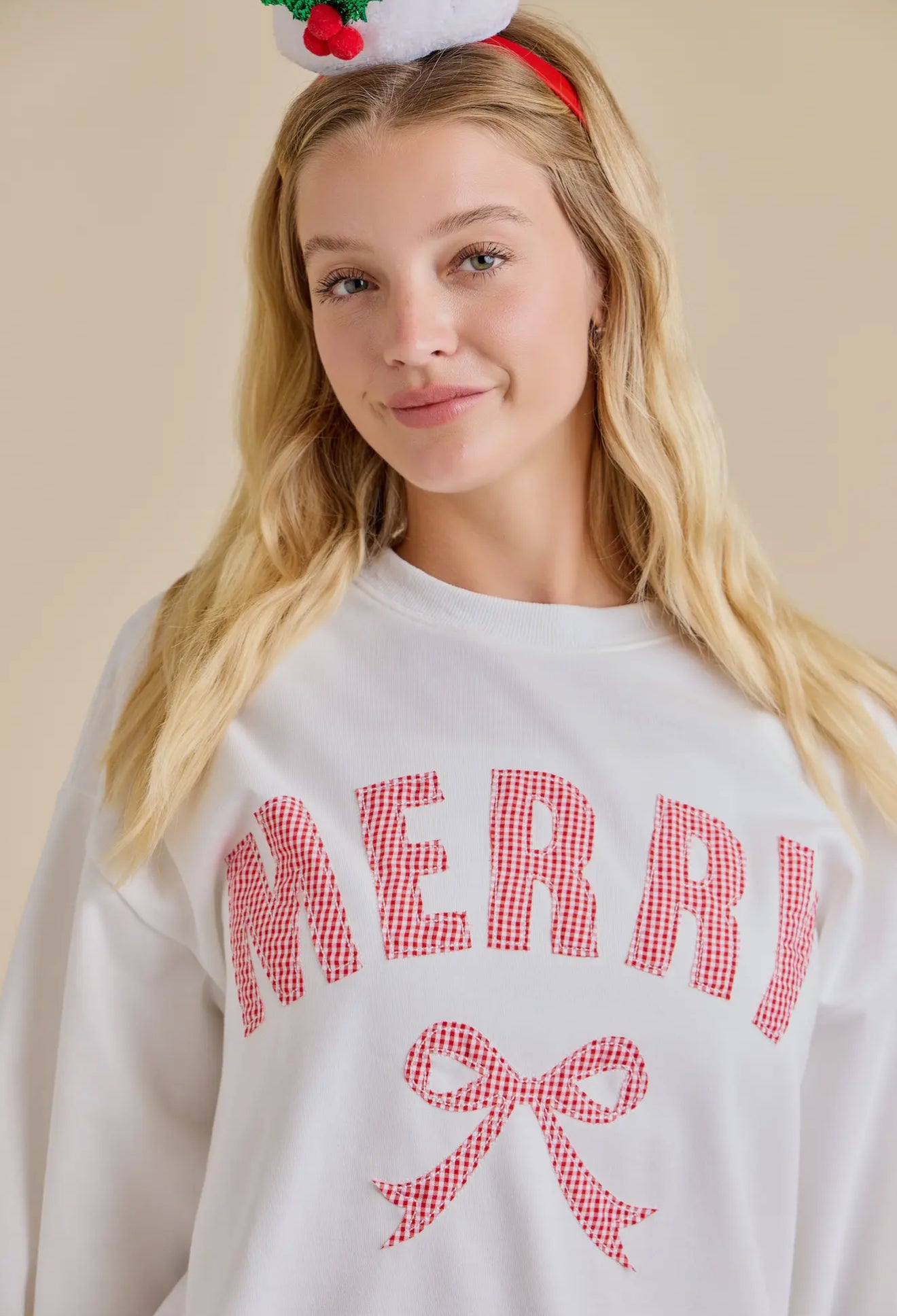 Merry Patchwork Sweatshirt with Ribbon Bow Detail