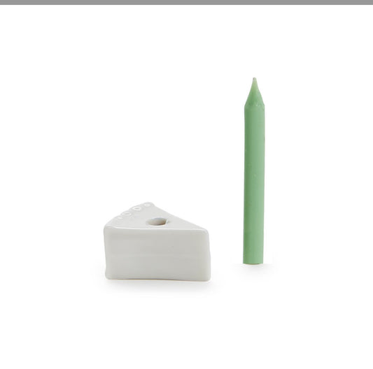 Porcelain cake slice with center hole and green candle included. Available sizes: small, medium, large.