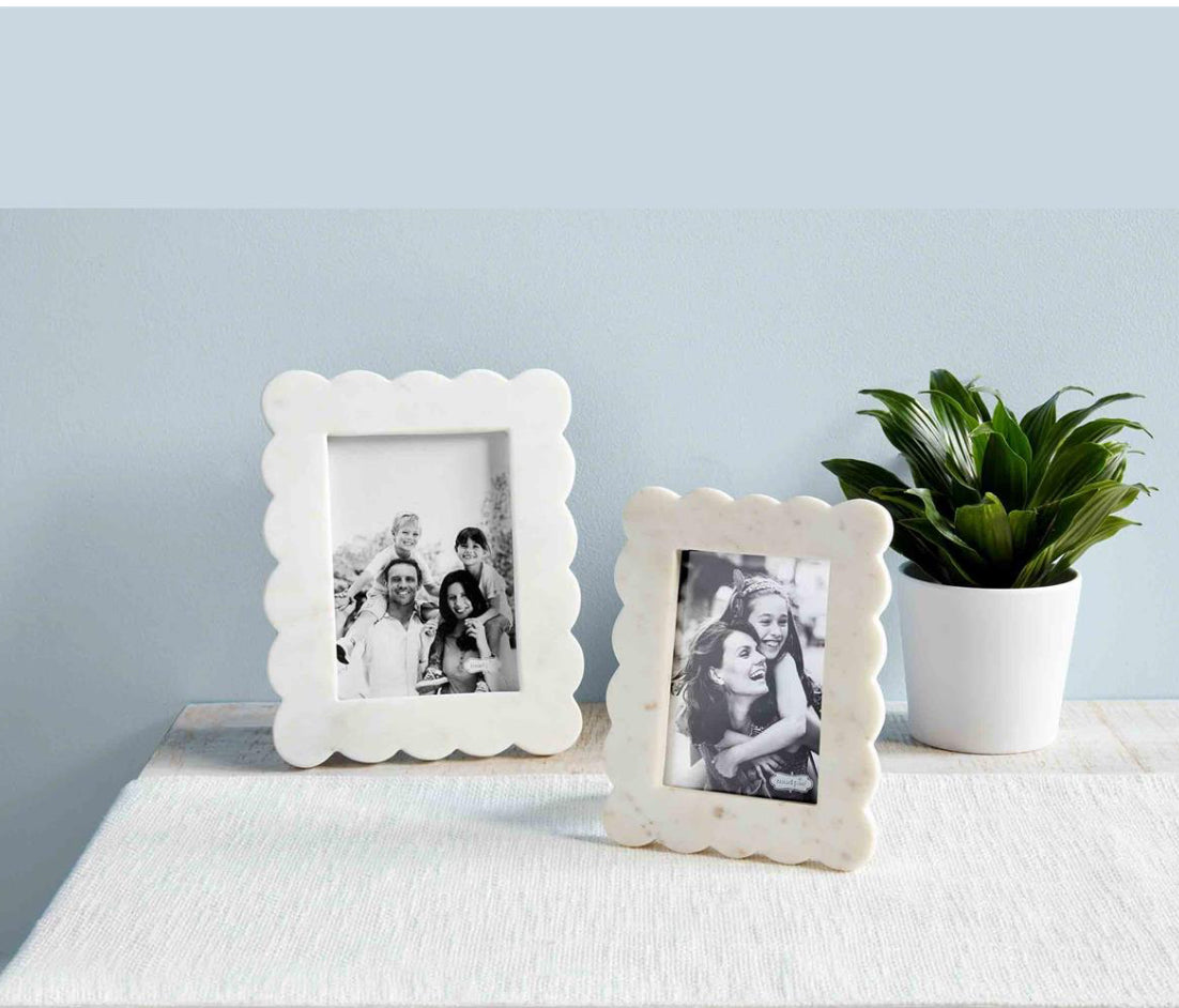 Two small scalloped marble frames hold black-and-white photos. Available sizes: 4"x6", 5"x7".