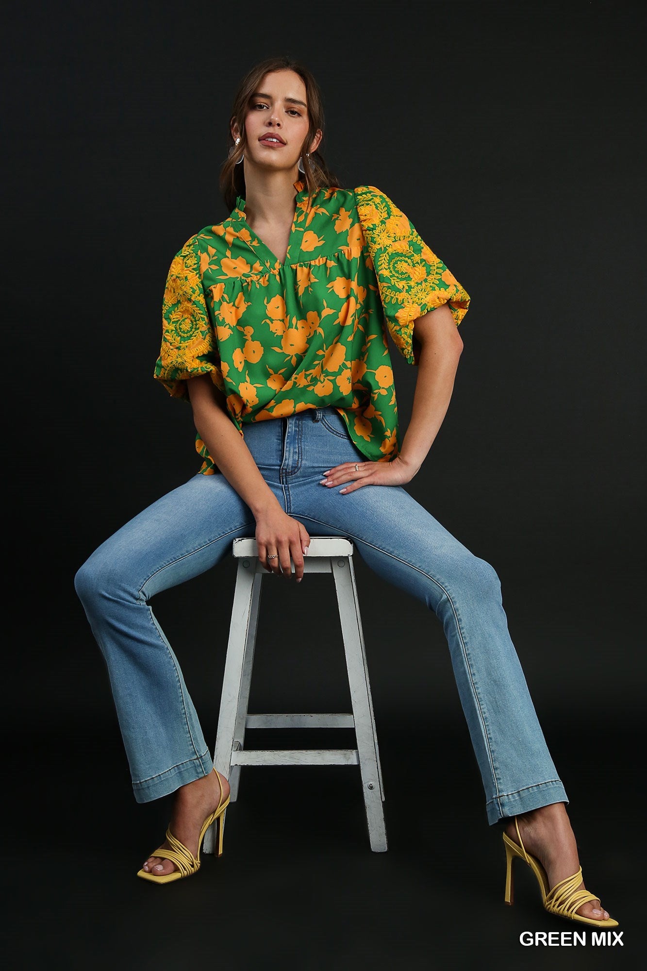Green Mix Top with Embroidery Sleeves: Features intricate embroidered sleeves and a versatile green pattern. Available in sizes XS, S, M, L, XL.