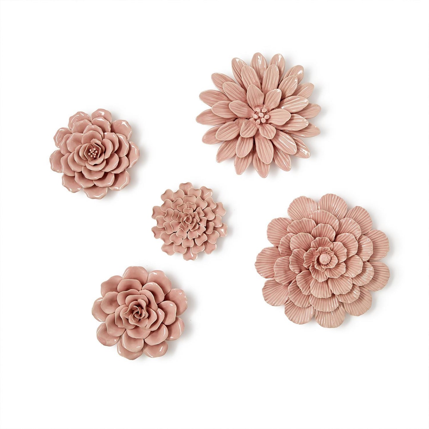 Pretty Petals Flower Wall Decor: five blush pink ceramic flowers in assorted sizes and petal designs. Sizes vary.