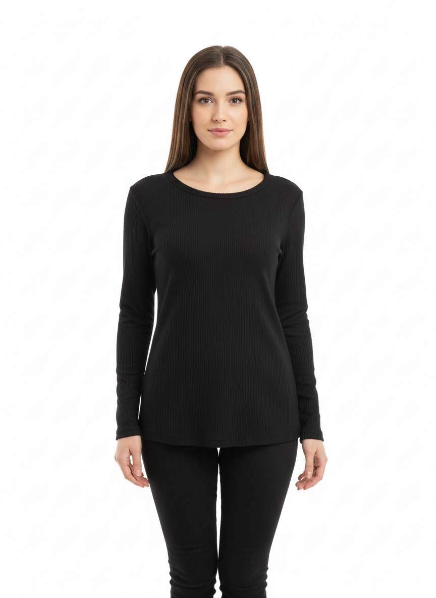 Black Ribbed Long Sleeve Top featuring a slim fit and modern ribbed texture. Available in sizes XS–XL.
