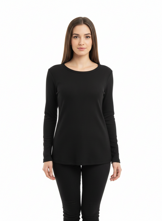 Black Ribbed Long Sleeve Top featuring a slim fit and modern ribbed texture. Available in sizes XS–XL.