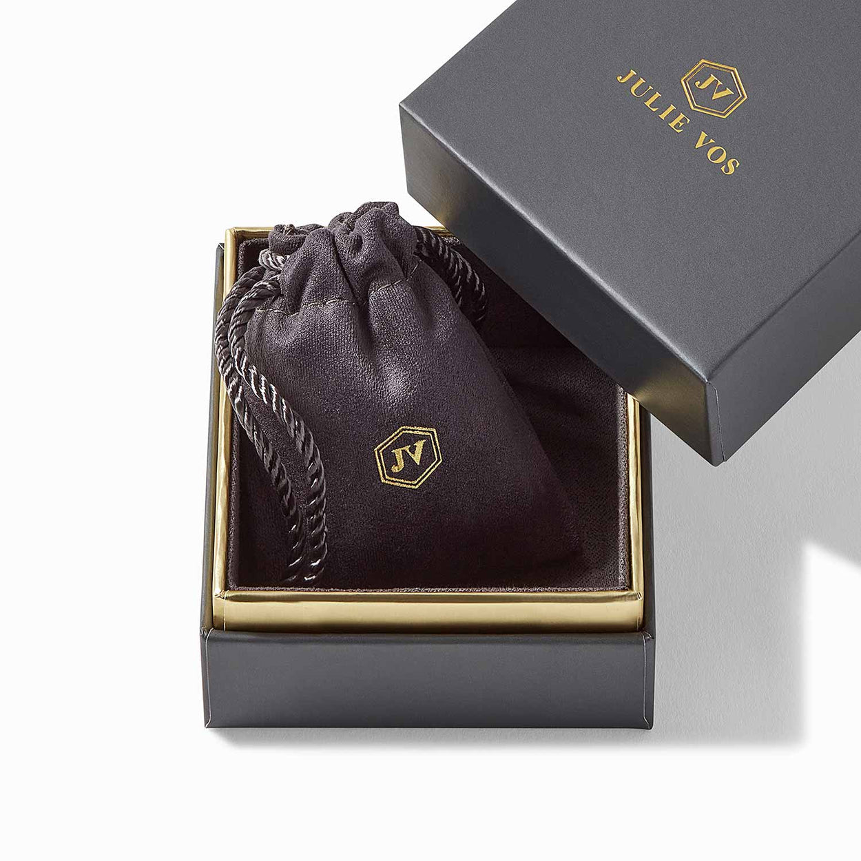 Small black "JULIE VOS" gift box with gold trim and JV-embossed pouch for Solara Hoop & Charm Earrings. Sizes: S, M, L.