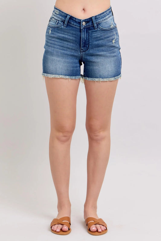 Judy Blue High Waist V-Front Shorts with frayed hems. Available in sizes S-XL.