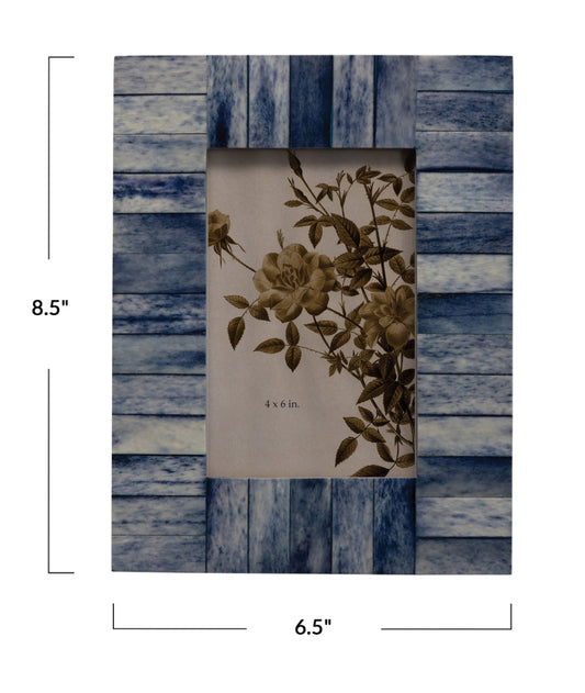 Blue wood & bone picture frame with blue and white stripes, size 8.5" x 6.5", fits a 4" x 6" photo.