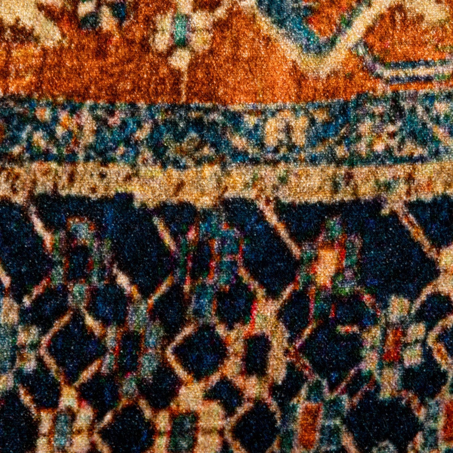 20” square cotton blend velvet pillow, blue, orange, and beige with geometric woven designs. Available in 20".
