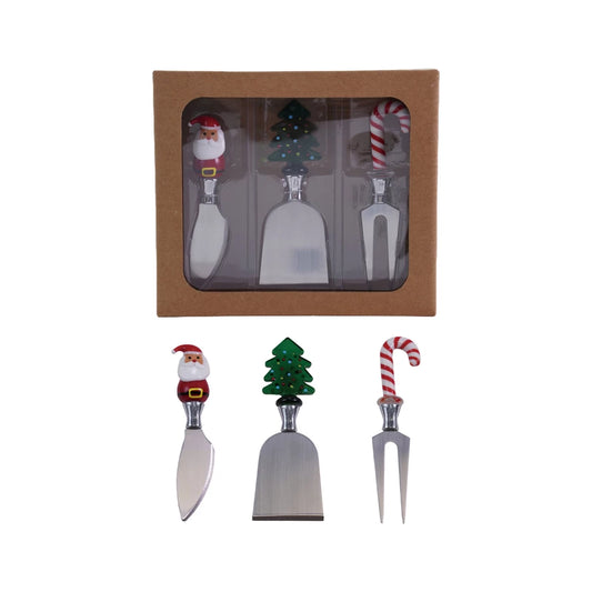 Cheese Knives with Hand-blown Glass Holiday Icon Handle, Boxed