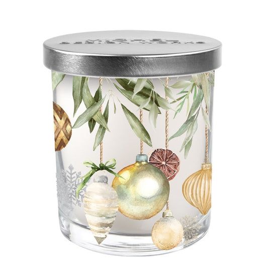 Peace on Earth Candle Jar with Lid in clear glass, festive design; sizes available: 8oz, 16oz.