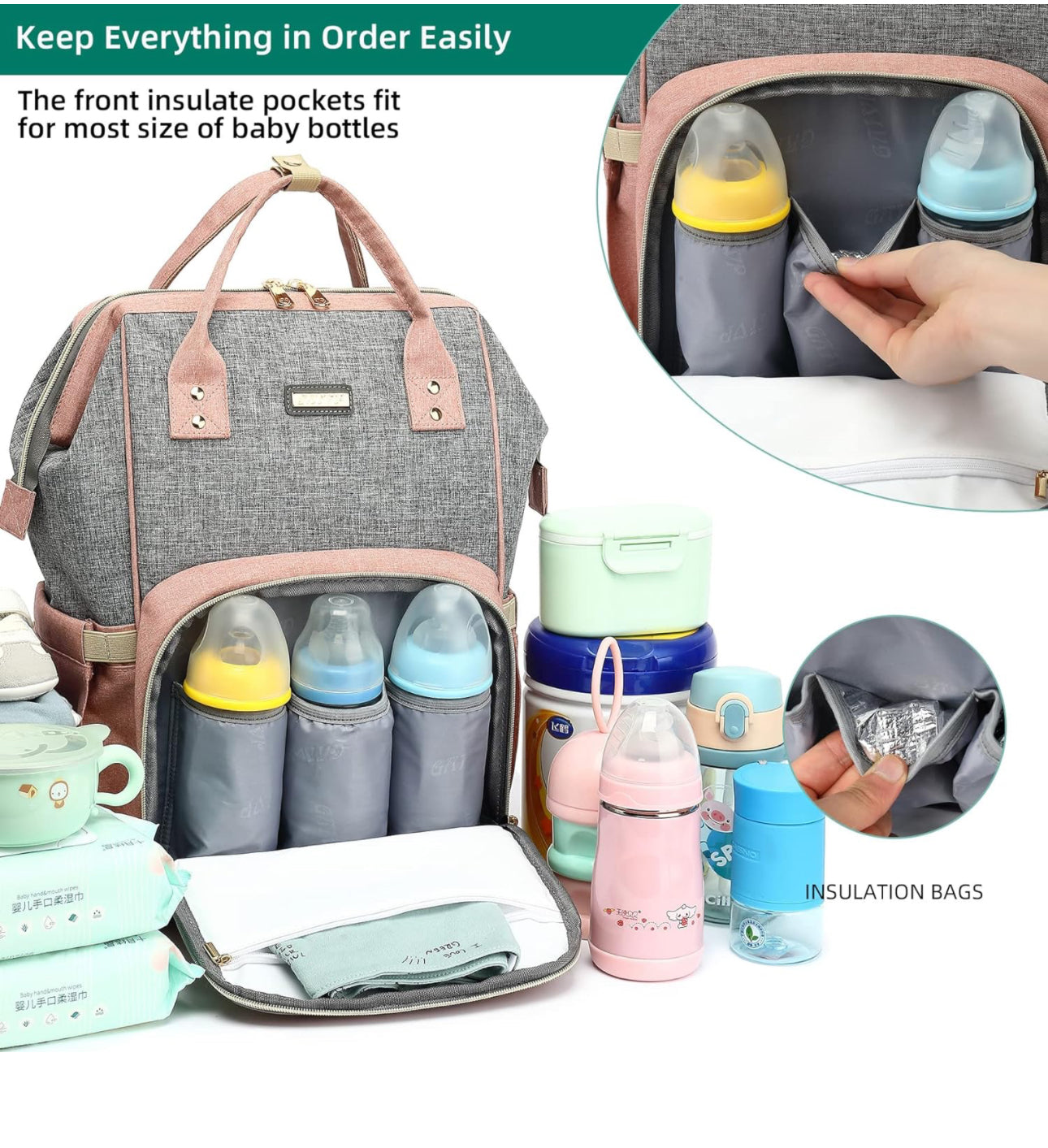 Inside of diaper bag with bottle insulation zipper pouch