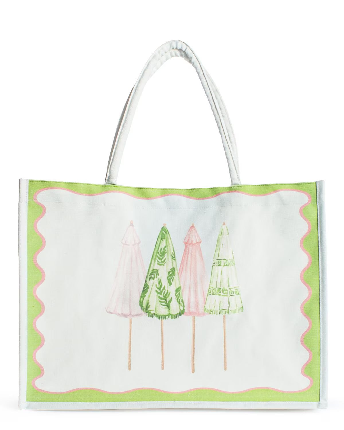 The Riviera Tote Blue/Multi has blue with green and pink trim, four coastal-style trees, available in small and large sizes.