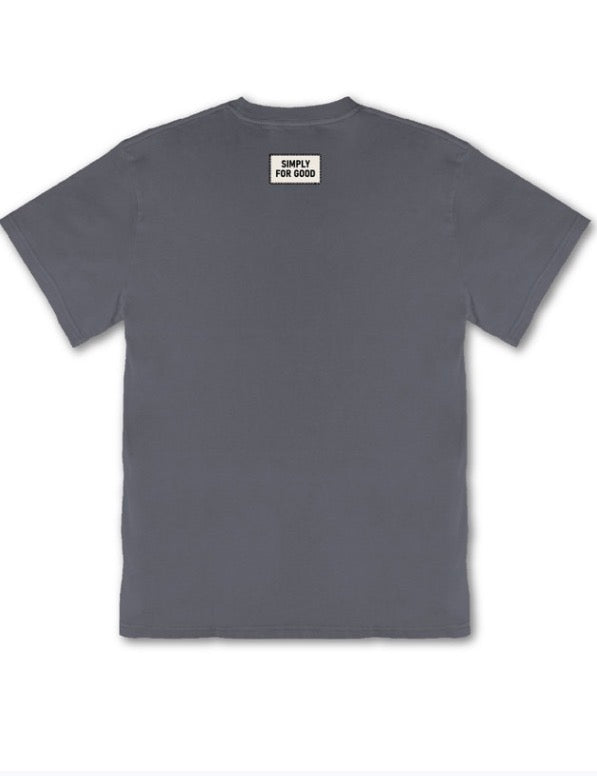 Gray short-sleeve tee, back view, white "SIMPLY FOR GOOD" label near neckline. Available in sizes XS–XL.