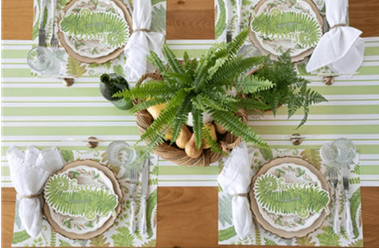 Green Awning Stripe Runner with fresh green and white stripes, available in 72", 90", and 108" lengths.